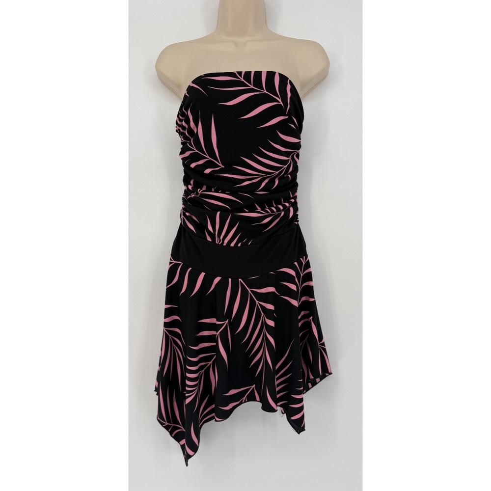 strapless Handkerchief hem Dress Black Pink Palm Print‎ Y2k Resort Boho Retro XS